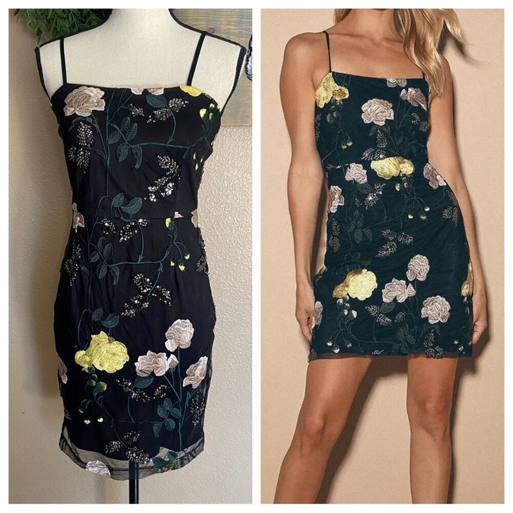 NWOT Lulus Rue Black Floral Embroidered Sequin Bodycon Mini Dress